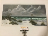 Original vintage canvas beach scene painting signed by artist Pat Starbuck, approx 20 x 10 in.