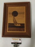 Framed 1984 wood cut sailboat art piece, Marquetry by Robert A. Kitchens, approx 10 x 13 in.