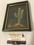 Small framed original chalk drawing of a cactus signed by artist Ida Davis, approx 6 x 8 in.