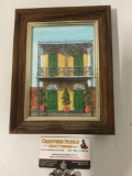 Small framed original painting on canvas board of French Quarter style building, signed by artist,