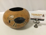 Hand painted natural gourd bowl art piece signed by artist Jim Fillmore, 2009, animal hieroglyphs