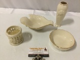 5 pc. lot of Lenox porcelain home decor: bird bowl, vase, candle holders, gold rimmed bowl.