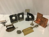 9 pc. lot of vintage metal decor / home items: Sensible iron, hummingbird bookends, scale, bell,