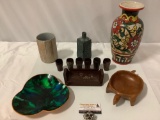 Lot of vintage decor: teak turtle bowl - Philippines, large vase, wood Sake tray w/ cups