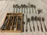 Nice collection of Wallace silver plate flatware with collection of stainless serving pieces, Gorham
