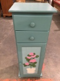Modern wood cabinet w/ 2 drawers, nice hand painted pink potted plant design, approx 15 x 12 x 41