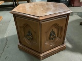 Vintage wood hexagonal end table cabinet, approx 24 x 27 x 19 in.