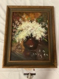 Framed original canvas painting of floral arrangement in vase, approx 16 x 20 in.