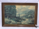 Large vintage framed nature scene art print Mountain Stream by Robert Wood