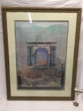 Large framed art print, colorful mixed media depiction of ancient Roman arch, approx 32 x 41 in.