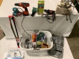 Mixed lot of power tools, electric drills, handy home items, some in package, sold as is.