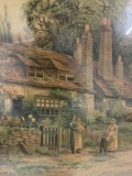 Framed vintage canvas board art print of quaint home scene, approx 17 x 22 in.