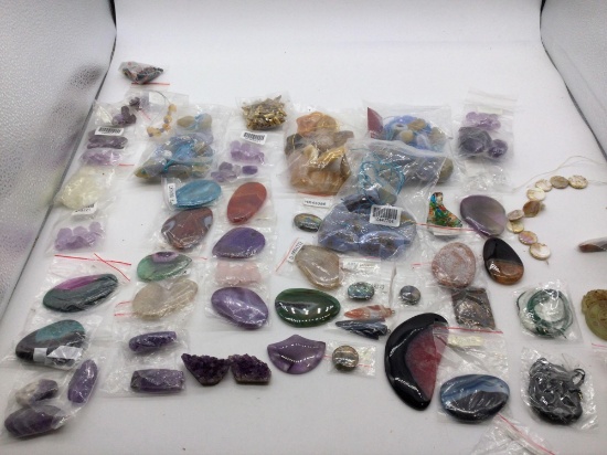 Large selection of various polished stones amethyst crystal, amulet pendants see pics