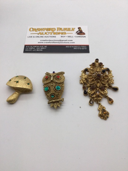 3 higher end vintage signed brooches , mushroom and owl by J.J. And vintage florenza brooche