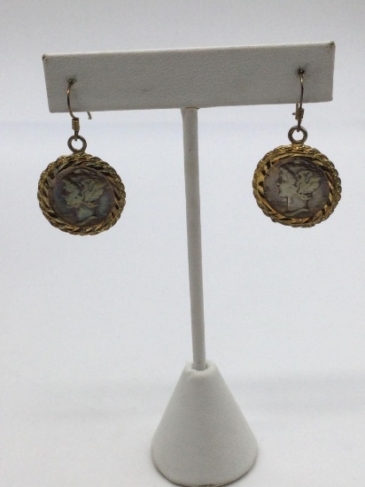 Pair of silver Mercury dime earrings in bezels/ 1938 and 1942
