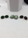3 sets of better quality vintage clip on earrings, varicite, black obsidian, and real jade settings