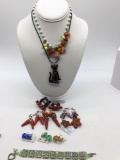 Fun lot of mixed jewelry glass necklaces, wooden and glass earrings see pics