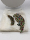 Two very nice antique Rhinestone parrot and leaf brooches