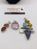 3 x larger pendants marked .925 silver on body or clasp with assorted stones / glass