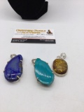 3 x larger pendants marked .925 silver on body or clasp w/ various stones