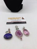 3 larger pendants marked .925 silver on body or clasp w/ various stones or glass