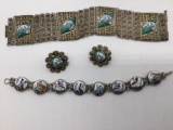 Antique hand crafted silver color jewelry w/ hand painted birds 2 bracelets and a pair of earrings