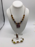 large Matching silver Necklace , bracelet and ring with amber colored stone/ glass marked .925