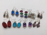 large selection matching pairs of earrings marked .925 different sizes and colored stones/ glass