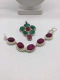 large Matching silver pendant , bracelet with multi colored stones/ glass marked .925