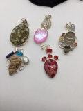 5 large heavy silver pendants with various stones marked .925 on clasp