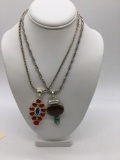 2 x large Silver marked .925 pendants with multi colored stones / glass ,on Sliver filled chains