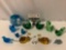 13 pc. lot of vintage colored glass animal / bird figurines; squirrels, swans, elephant, art glass