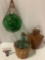 3 pc. lot of vintage green glass float ball, wicker wrapped blue glass bottle and ceramic jug w/