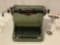 Vintage R.C. Allen typewriter w/ green metal body & keys, tested/working w/ plastic cover