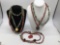 nice selection of 5 necklaces, turquoise, coral, assorted stones , w/ large coral pendant