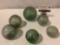 6 pc. lot of vintage glass float balls, 1 w/ rope netting, approx 4 x 4 in.