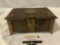 Antique hammered metal jewelry box, approx 10 x 6 x 4 in. Metal with wood interior.