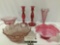 6 pc. vintage red/pink glassr: Imperial hand crafted bowl - USA, hobnail bowl, candleholders, vase,