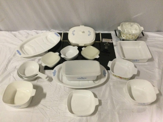 15 pc. lot of vintage Corning Ware dinnerware, some w/ lids/ serving stands/ Cornflower pattern +