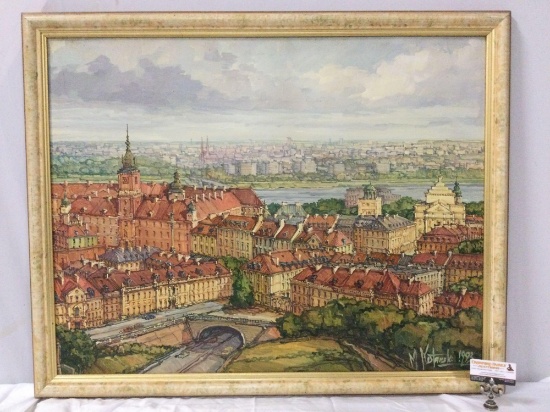 Large framed original canvas city view painting signed by artist M. Kotanski, 1993, minor wear