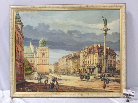 Large framed original canvas city street scene painting signed by artist M. Kotanski, 1992