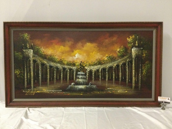 Large vintage framed original canvas painting signed by artist Garrett, approx 52 x 29 in.