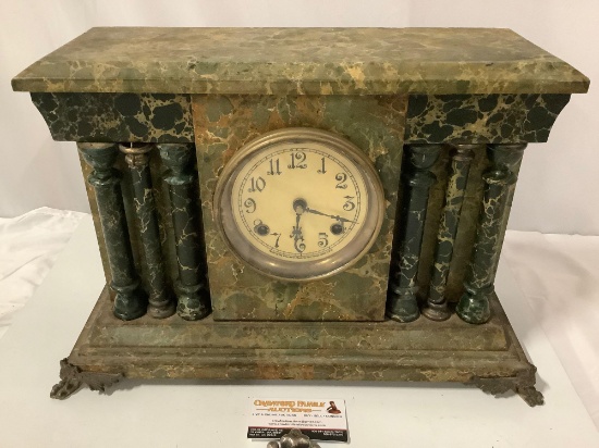 Antique New Haven Clock Co. wood case mantle clock w/ metal clawfoot design, sold as is.