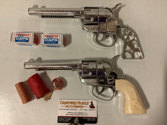 2 pc. lot of vintage MATTEL - Fanner 50 metal toy cap guns / Wester revolver pistols w/ caps, 1 w/