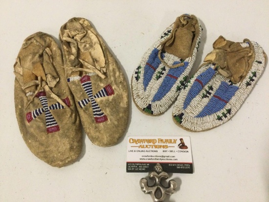 2 Pairs of RARE antique Native American leather moccasins w/ intricate bead work, adult / child size
