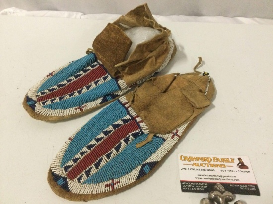 Antique Native American leather moccasins w/ intricate bead work, good condition/ fragile