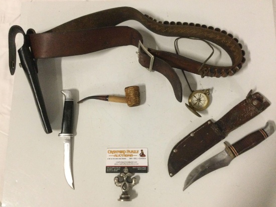 5 pc. vintage leather gun belt w/ Buck 118 knife, Shrade-Walden: Bowie Hunter knife, US Army