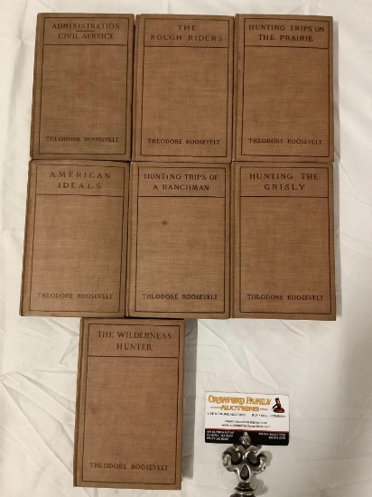 7 pc. lot of antique 1900 Theodore Roosevelt hardcover books: American Ideals, The Wilderness Hunter