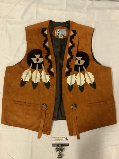 Native American style leather vest by Leather City, approximately 23 x 25 in.