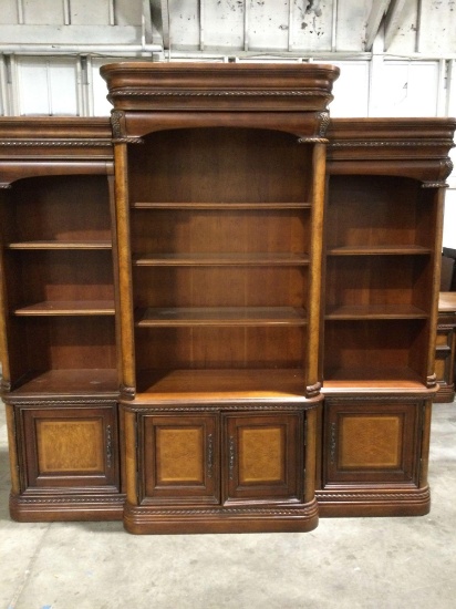 3 pc. Aspenhome lighted library cabinet set, w/ 3 glass shelves, stunning office pieces, nice cond.
